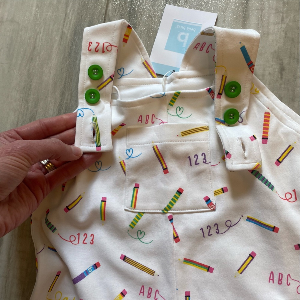 NWT Bella Bliss Pima Back to School Cotton Overalls with Colorful Pencils, 12M - Picture 6 of 10